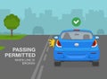 Safety driving rules. Use of street lines. Sedan car is turning to left on broken line. Passing permitted if line is broken.