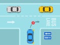 Safety driving and traffic regulating rules. Blue sedan car is about to turn right on a bus lane. Contra-flow bus lane sign.