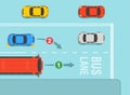 Safety driving and traffic regulating rules. Give way and priority to buses on bus lane. Top view of a city road.