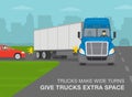 Blue semi-truck turning right on a city road. Trucks make wide turns, give extra space warning.