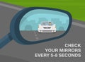 Safety driving and traffic rules. Close-up view of a vehicle wing mirror. Back view. Check your mirrors every 5-8 seconds.