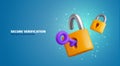 Safety, encryption, protection, privacy, data access.Digital security. Two yellow padlocks with keyhole and purple key