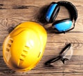 Safety Engineer Helmet, Goggles and Ear Defenders Royalty Free Stock Photo