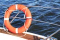 Safety equipment on a boat, life buoy or rescue buoy floating on sea.