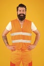 Safety equipment concept. Safety apparel for construction industry. Bearded brutal hipster safety engineer. High Royalty Free Stock Photo