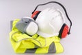 Safety Equipment construction site Helmet respirator Ear Protection Royalty Free Stock Photo