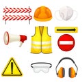 Safety Equipment with Hard Hat and Road Barricade for Construction and Industrial Work Vector Set