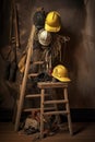 safety equipment, helmet, and vest on a scaffold Royalty Free Stock Photo