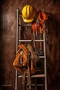 safety equipment, helmet, and vest on a scaffold Royalty Free Stock Photo