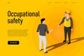 Safety equipment illustration concept. Occupational safety landing page template, two workers who talking about safety