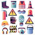 Safety equipment. Personal protection for construction works. Helmet, glove and glasses. Safety job vector icons Royalty Free Stock Photo