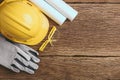 Safety equipment and tool kit on wooden background Royalty Free Stock Photo