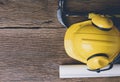 Safety equipment and tool kit on wooden background Royalty Free Stock Photo