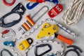 Safety equipment using in alpinism over concrete background