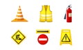 Safety Equipment with Vest, Cone and Fire Extinguisher for Construction and Industrial Work Vector Set Royalty Free Stock Photo