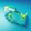 Safety eyewear focus Technological green glasses isolated on blue background