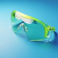 Safety eyewear focus Technological green glasses isolated on blue background