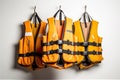 Safety First Colorful Life Jackets Ready for Water Adventures on White Background. created with Generative AI