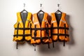 Safety First Colorful Life Jackets Ready for Water Adventures on White Background. created with Generative AI