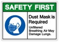 Safety First Dust Mask is Required Breathing Unfiltered Air May Damage Lungs Symbol Sign, Vector Illustration, Isolate On White