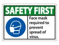 Safety First Face mask required to prevent spread of virus sign on white background