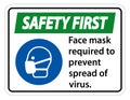 Safety First Face mask required to prevent spread of virus sign on white background