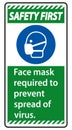 Safety First Face mask required to prevent spread of virus sign on white background