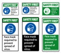 Safety First Face mask required to prevent spread of virus sign on white background