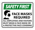 Safety First Face Masks Required Sign on white background