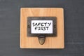 Safety First. File cabinet label. Chalkboard background