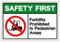 Safety First Forklifts Prohibited In Pedestrian Areas Symbol Sign, Vector Illustration, Isolate On White Background Label .EPS10