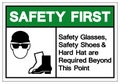 Safety First Safety Glasses,Safety Shoes and Hard Hat are Required Beyond This Point Symbol Sign ,Vector Illustration, Isolate On Royalty Free Stock Photo