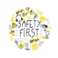 Safety first handwritten phrase clipart with PPE and safety tools