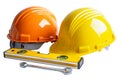Safety first hard helmet hat and engineer tool with copy space, engineering construction and architecture concept Royalty Free Stock Photo
