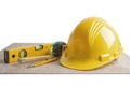 Safety first hard helmet hat and engineer tool with copy space, engineering construction and architecture concept Royalty Free Stock Photo