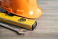 Safety first hard helmet hat and engineer tool with copy space, engineering construction and architecture concept Royalty Free Stock Photo