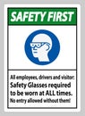 Safety First Sign All Employees, Drivers And Visitors,Safety Glasses Required To Be Worn At All Times