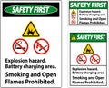 Safety First Sign Explosion Hazard, Battery Charging Area, Smoking And Open Flames Prohibited Royalty Free Stock Photo