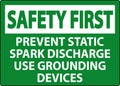 Safety First Sign Prevent Static Spark Discharge Use Grounding Devices