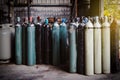 Oxygen and argon air cylinders in industrial plants are in a safe and well ventilated area.