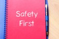 Safety first text concept on notebook Royalty Free Stock Photo