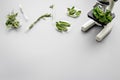 Safety food. Laboratory for food analysis. Herbs, greens under microscope on grey background top view copy space Royalty Free Stock Photo