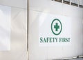 Safety frist sign instructions on a building Royalty Free Stock Photo