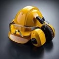 Safety gear including hard hat, protective glasses, and hearing protection arranged on a dark surface for construction workers Royalty Free Stock Photo