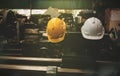 Work safety helmet in a lathe, placed on a lathe platform