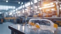 Safety Glasses on a Workbench in a Modern Industrial Workshop with Machinery and Tools in the Background, Representing Workplace Royalty Free Stock Photo