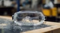 Safety goggles resting on dusty workbench in workshop environment Royalty Free Stock Photo