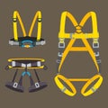 Safety harness fall protection set. Climbing, mountaineering, abseiling or rappeling gear. Industrial or construction safety seat