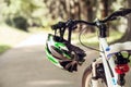 Safety helmet on the bicycle handlebar Royalty Free Stock Photo