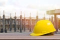 Safety helmet in construction site. Worker safety and protect head equipment tools Engineer concept Royalty Free Stock Photo